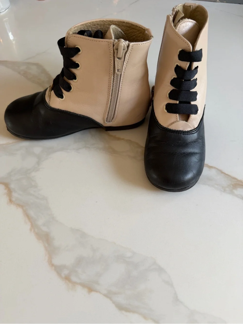 Girls leather Two-Tone Black and Cream Dress Ankle Boots with Side Zip